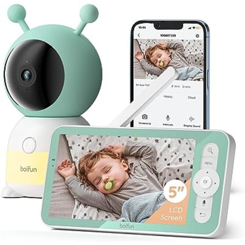 BOIFUN 2K WiFi Baby Monitor with Camera and Audio, Soothing Night Light, APP & 5" Split-Screen Control, Motion/Cries/Noise/Customizable Alarm Zones Detect, Auto Tracking, Humidity&Temperature Detect