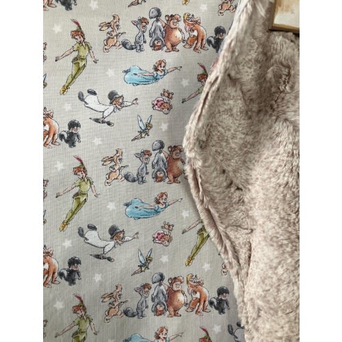 gender neutral blanket made from Peter Pan and Lost Boys themed fabric / toddler blanket/ luxe warm tan  minky/ neverland