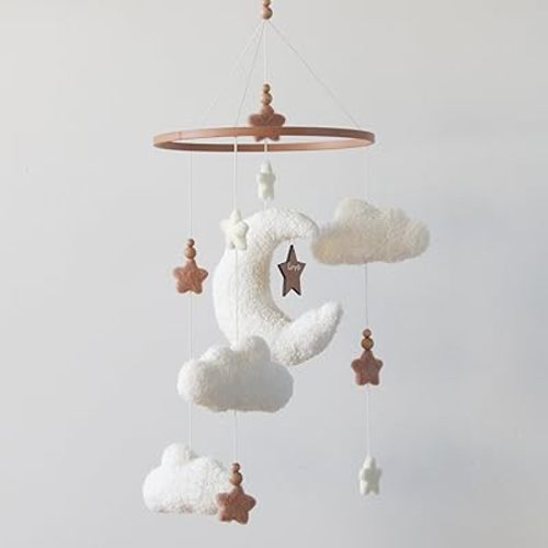 Cloud Moon Crib Mobile Cloud Baby Mobile for Crib Neutral Boho Clouds and Stars Moon Mobile Boucle Mobile, coffee 3