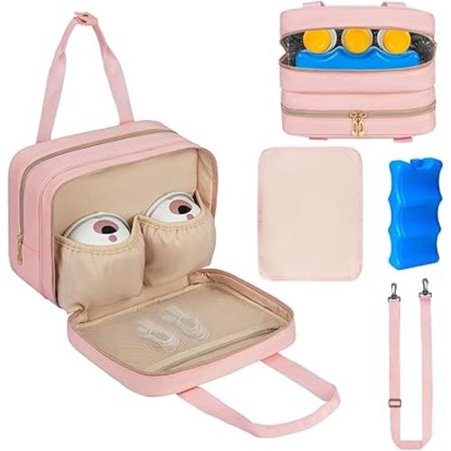 Breastmilk Cooler Travel Bag, Wearable Breast Pump Storage Bag Compatible with Momcozy/Medela/Elvie/Willow Breast Pump with Ice Pack and Waterproof Mat,Pink