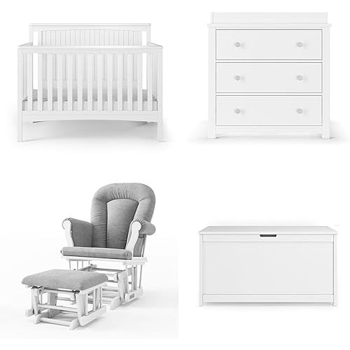 Child Craft Scout 4-in-1 Convertible Baby Crib Nursery Furniture Set - Baby Bed, Dresser with Changing Table Topper, Glider Chair, and Toy Box for Babies, Toddlers and Kids (4 Piece - Matte White)