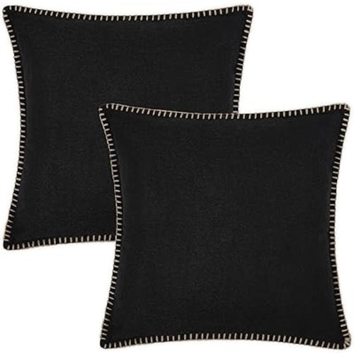 decorUhome Decorative Outdoor Throw Pillow Covers 22x22 Set of 2, Square Linen Rustic Neutral Farmhouse Euro Pillow Covers with Stitched Edge for Couch, Sofa, Living Room, Black