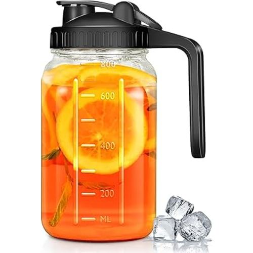 Glass Pitchers with Handle and Lid, 32oz Breast Milk Pitcher, Wide Mouth Mason Jar Pitcher, Leak Proof Drink Pitcher Water Pitcher, for Breastmilk, Water, Juice, Milk, Tea, Iced Coffee, 1 Pack