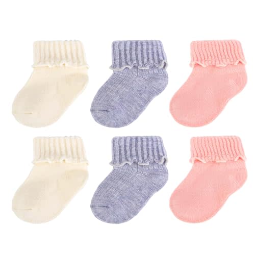 6 Pairs Baby Girl Wool Socks Winter Soft Warm Turn Cuff Ruffle Crew Socks for Infant Toddler Girls Newborn to 3 Years