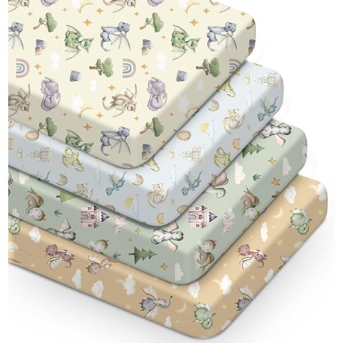 VitalCozy 4 Pcs Watercolor Dragon Crib Sheet Set Newborn Bedding Nursery Baby Sheets for Girl Boys Baby Gifts for Standard Crib and Toddler Mattresses, 52 x 28 x 8 Inches