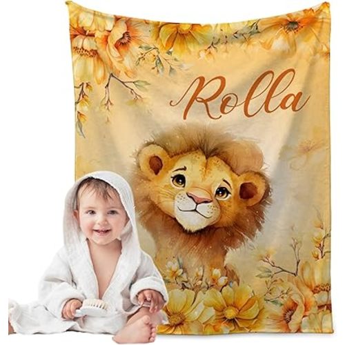 Custom Lion Baby Blanket with Name for Boys&Girls, Personalized Animals Name Gift for Toddler Infant or Newborn, Customized Name Lion Cozy Soft Plush Throw Blanket for Sofa,Bed,30"x40"(XS)