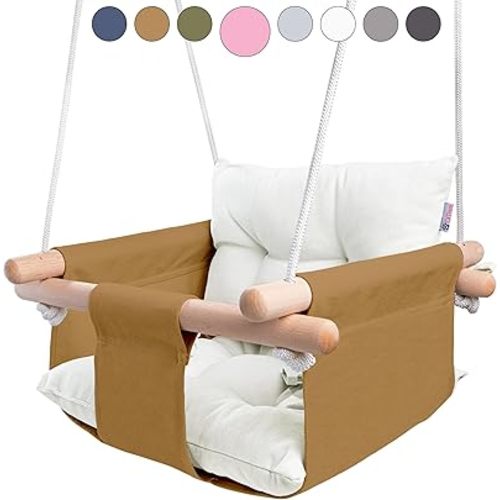 CaTeam - Canvas Baby Swing, Wooden Hanging Swing Seat Chair with Safety Belt, Durable Baby Swing Chair, Outdoor and Indoor Swing for Kids, Mounting Hardware Included, Ocher