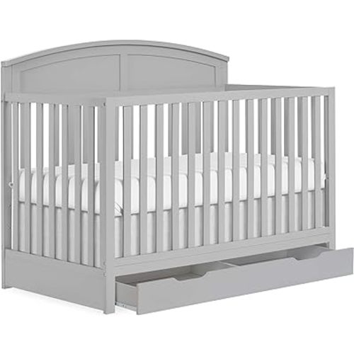 Dream On Me Storybrooke 5 in 1 Convertible Crib with Under Drawer in Pebble Grey, JPMA & Greenguard Gold Certified, Made of Sustainable Pinewood, Non-Toxic Water-Based Paint Finish
