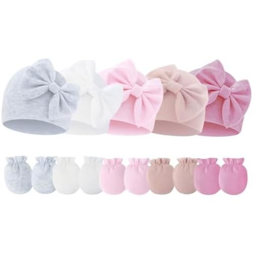Newborn Baby Hats Mittens Sets Bow Infant Caps Gloves No Scratch Mitten Beanie Set for 0-6 Months Girls