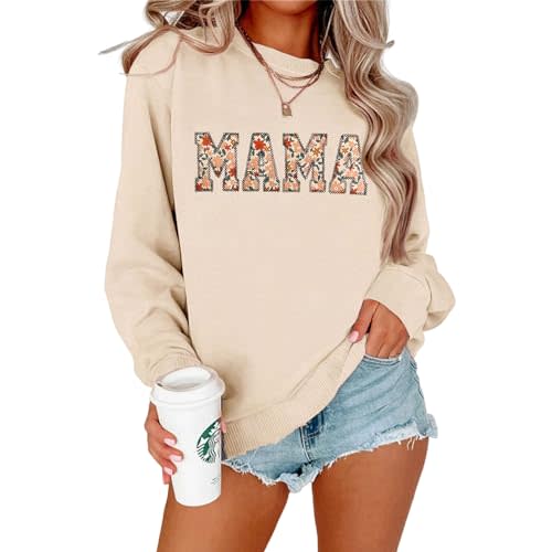 BOUTIKOME Mama Sweatshirt Women Funny Mama Letter Print Graphic Mom Life Long Sleeve Crewneck Pullover Shirt Loose Tops