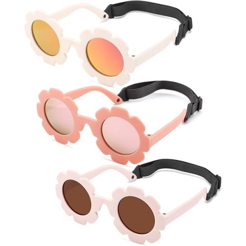COASION 3 Pack Bendable Polarized Sunglasses with Strap for Newborn Baby Girls Boys 0-24 Months, Flower Design