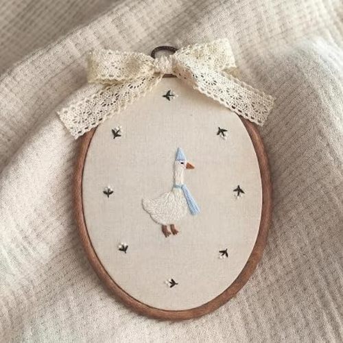 Yalikop Large Silly Goose Wall Art 7 x 10'' Embroidered Goose Nursery Decor with Bow Lace Wooden Hoop Coquette Framed Canvas Artwork Hanging Decor for Baby Shower Bedroom Decoration(Pink)