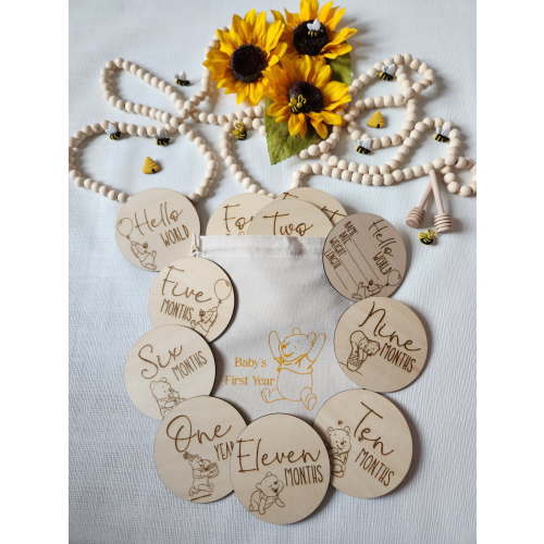 Winnie the Pooh Baby Milestone Markers, Wooden Rounds, Discs, Baby Boy or Girl, Photo Prop, Baby Shower Gift, Sprinkle Gift, Laser Engraved