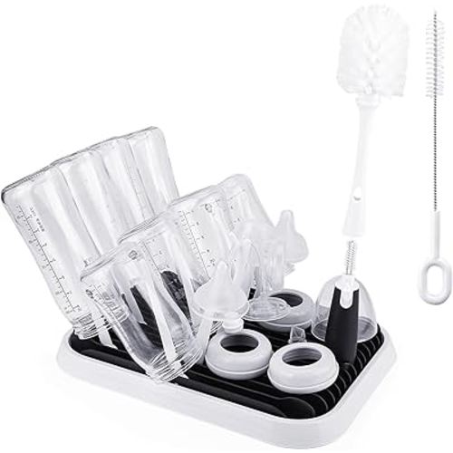 Baby Bottle Drying Rack with Brush, Large Capacity Bottle Drying Rack Tray Bottle Cleaning Brush Set with Baby Bottle Brush Nipple Brush, Straw and Bottle Cleaner Brush Set for Bottles, Teats, Pump