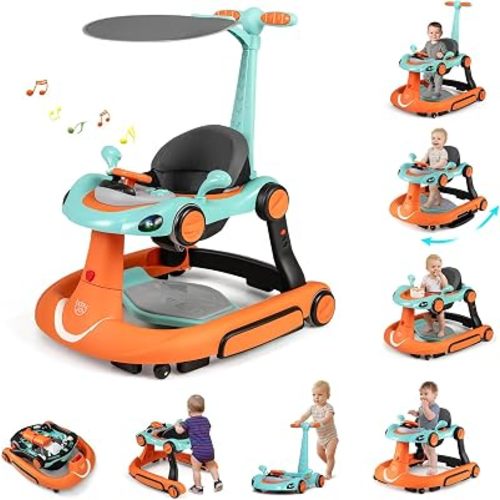 BABY JOY 7-in-1 Baby Walker, Foldable Baby Walker and Bouncer Combo with Handle, Adjustable Height & Speed, Music, Lights, Rocker/Push Mode, Baby Walker with Wheels for Boys Girls 7-18 Months (Orange)