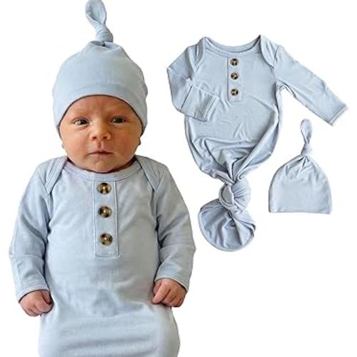 Caden Lane Newborn Knotted Gown with Hat, Soft Bamboo Viscose Baby Sack, Unisex Infant Breathable Night gown