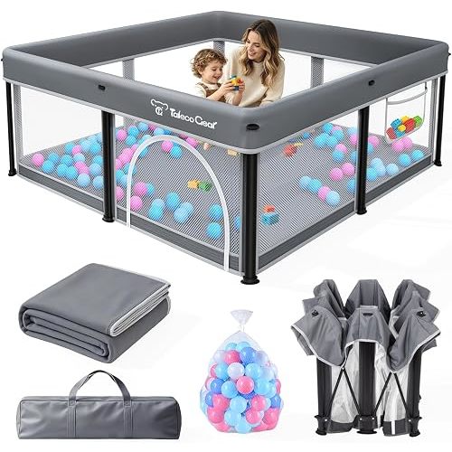 TOREVSIOR Foldable Baby Playpen with Mat, 50"×50" Collapsible Play Pen for Babies and Toddlers, Indoor & Outdoor Kids Safety Play Pen, Portable Play Yard, Foldable Baby Playpen with 50 Ocean Balls