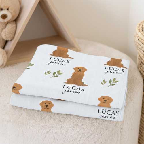 Personalized Golden Retriever Baby Blanket: Watercolor Puppy Nursery Decor