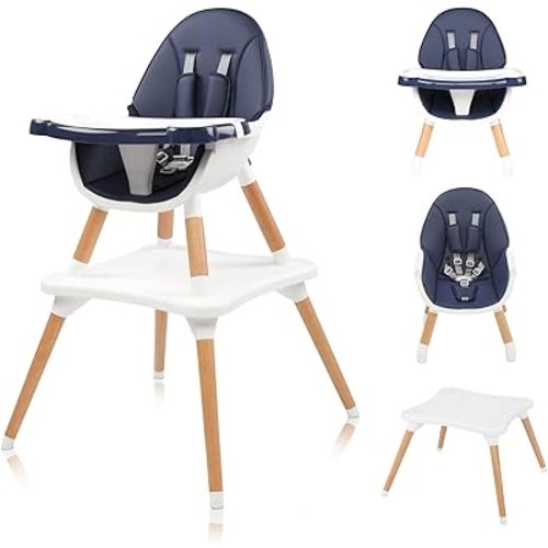 Ktaxon 5-in-1 Baby High Chair, Wooden Convertible Feeding Highchairs with Removable Tray, Safety Harness, Portable Booster for Toddlers & Babies (Navy Blue)