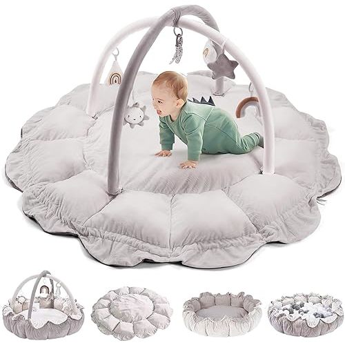 5-in-1 Convertible Baby Play Gym with 6 Toys, Tummy Time Mat for Sensory Development, Baby Activity Center from Newborn to Toddler, Ball Pit, Cat & Dog Bed, Soft Plush Pet Bed, No Ball Included