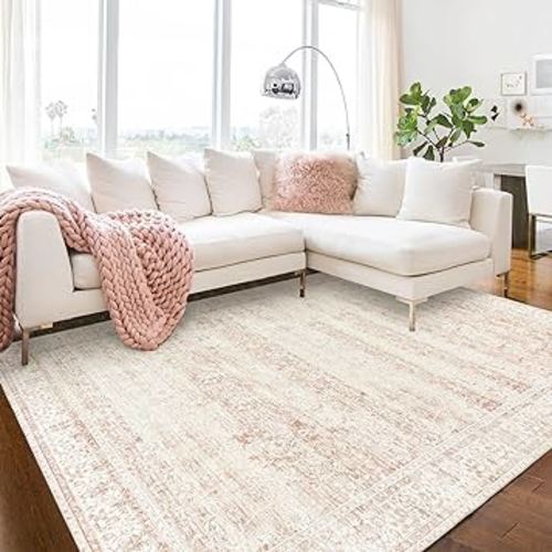 Nursery Rug for Baby Girl Neutral Blush Pink Boho Floral Washable Soft Faux Wool Area Rugs for Living Room Bedroom,5x8