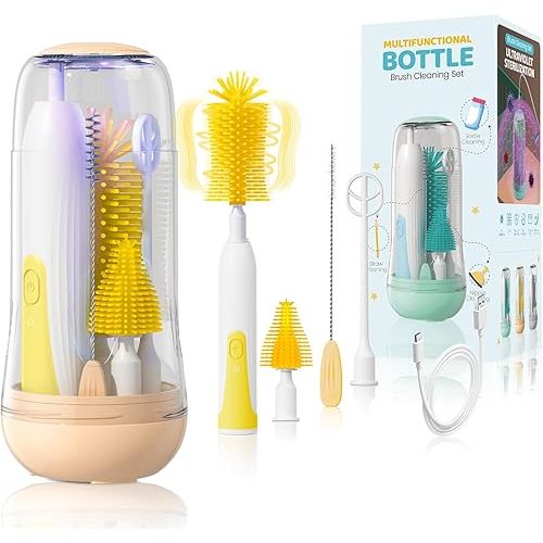 Electric Travel Baby Bottle Brush Set with Storage Box, Automatic Bottle Cleaner Brush Kit with Silicone Bottle/Nipple/Straw Brush,Milk Frother Electric and Drainage Rack, Rechargeable, Yellow