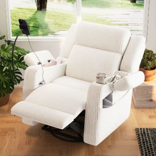 ModernLuxe Electric Power Recliner 270° Swivel Rocker Accent Chair Sofa Chair with Phone Holder, USB Port, Storage Arm, Side Pocket, Cup Holder, Beige