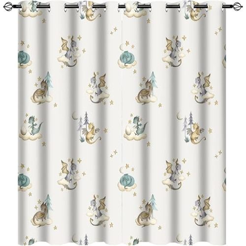 Watercolor Cute Baby Dragon Curtains-Fantasy Cartoon Mid Century Woodland Dragon Window Drapes Room Darkening Blackout Curtains Thermal Insulated Grommet Curtains for Bedroom 63L x 31.5W 2 Panels
