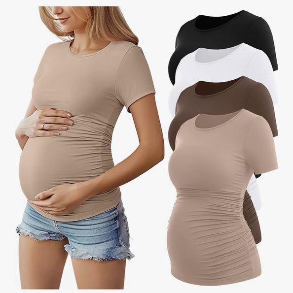 Huukeay 4 Pack Women's Maternity Shirts, Crew Neck Maternity Top Short Sleeve Casual Cotton Tee Side Ruched Pregnancy Clothes