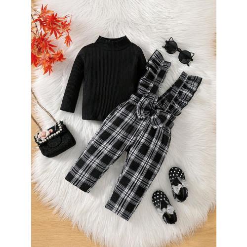 Baby Girls' Casual Vintage Plaid Jumpsuit With Base Shirt And Pants Set: 6-9 Months