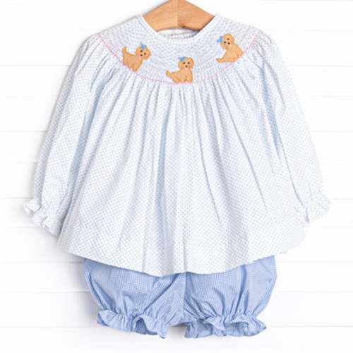 9 Months Pampered Pups Smocked Bloomer Set, Blue – Stitchy Fish
