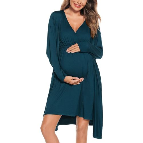 SWOMOG Women Maternity Nursing Gown and Robe Set 3 in 1 Labor Delivery Nursing Nightgown for Breastfeeding Hospital Bathrobe