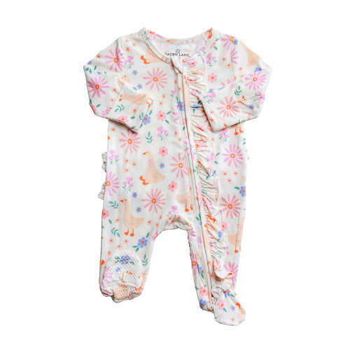 Ruffle Zipper Footie in Loosey Goose | Caden Lane