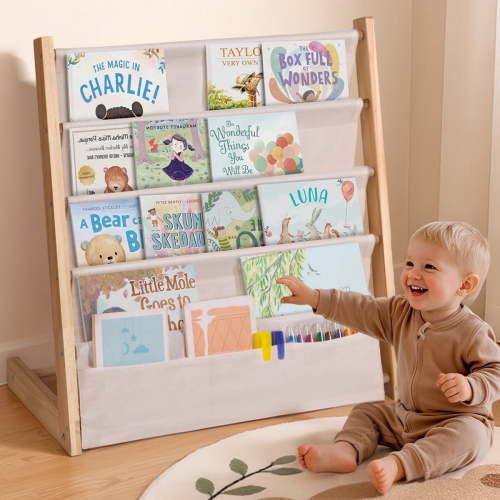 Kids Bookshelf, Caveen 4 Tier Wooden Kids Bookcase, Canvas Bookshelf for Kids for Playroom, Bedroom, Beige