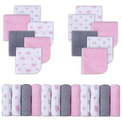 Viviland Baby Washcloths, Super Soft Baby Bath Towels for Newborn 24 Pack, Absorbent Face & Body Wash Cloth for Baby Girl, Pink-Elephant Pattern, 9 x 9 inch