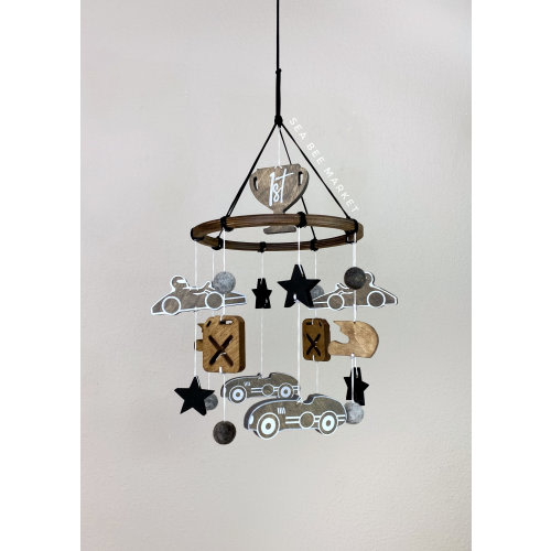 Race Car Mobile for Vintage Racing Themed Nursery - Grey Black and Brown Wooden Crib Mobile