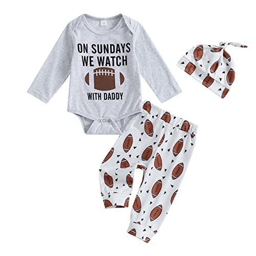 Newborn Baby Boy Fall Winter Clothes Letter Long Sleeve Onesie Romper Top Football Pants Outfits Set Hat