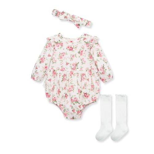 Little Me Baby Girls' 3-Piece 100% Cotton Headband, Long Sleeve Onesie, and Sock Set, 0-12 Months