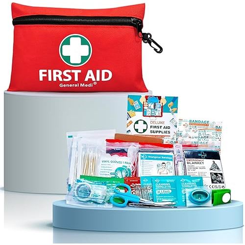 General Medi Mini First Aid Kit, 110 Piece Small First Aid Kit - Includes Emergency Foil Blanket, Scissors for Travel, Home, Office, Vehicle, Camping, Workplace & Outdoor (Red)