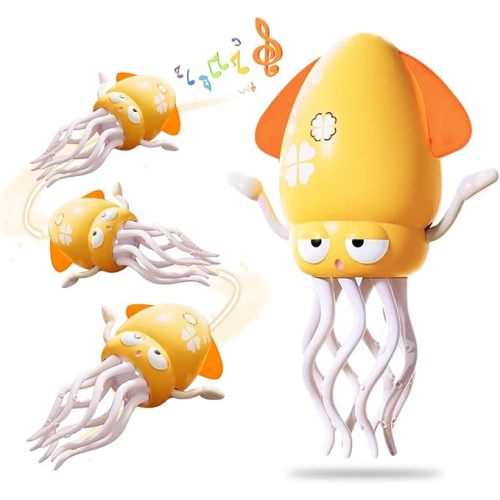 Dancing Octopus Toy Magic Electric Playful Tummy Time Toy, Auto Evasion Crawling Dancing Octopus with Fishing Rod for Baby Toddlers for 3 4 5 6 Year Old Kids Boy Girl Birthday Gifts (Yellow)