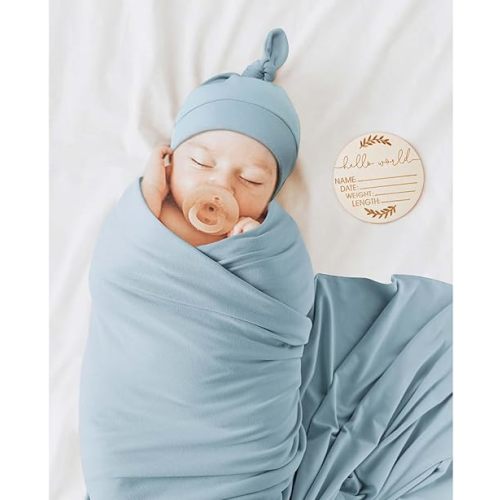 Baby Swaddle Receiving Blankets with Matching Beanie Set Newborn Nursery Swaddle Wrap for Baby Girls and Boys (Blue)