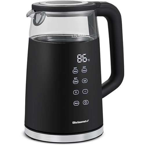 Elite Gourmet EKT8717 1.7L Dual Wall Cool Touch Electric Tea Kettle, Borosilicate Glass, 304 Stainless Steel Interior, Programmed Digital Touchscreen, Keep Warm, Auto Off & Audible Indicator, Black