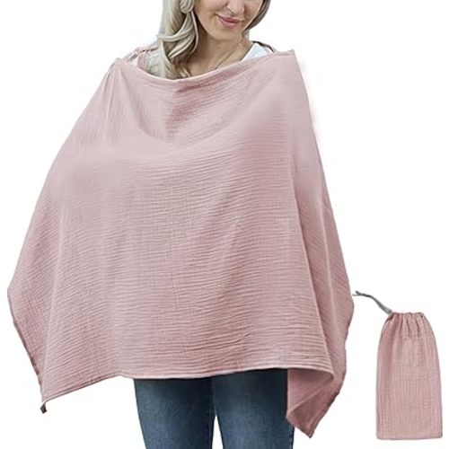 Muslin Nursing Cover for Breastfeeding Breathable 100% Cotton Breastfeeding Cover up with Rigid Hoop for Mother Arch Neckline Nursing Apron with Muslin Storage Bag Breastfeeding Essentials(Pink)