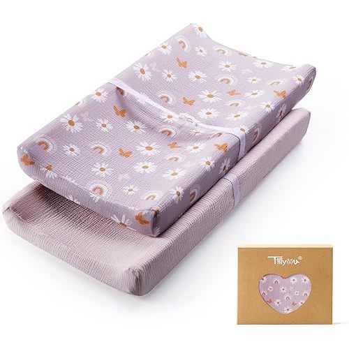 TILLYOU Muslin Changing Pad Cover for Baby Girls Boys, Soft and Breathable Cotton Diaper Changing Table Cover, 2 Pack(Pink Butterfly)