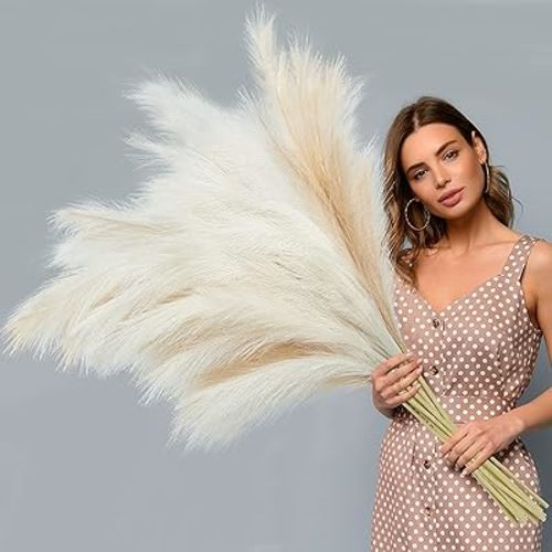 Ouddy Decor 8 Pcs Faux Pampas Grass Decor 38''/97cm Tall Artificial Large Pompous Pompas Floral Fluffy Fake Plants Floor Vase Filler for Wedding Kitchen Home Boho Decorations, Mixed Beige