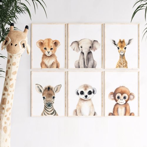Impresiones de acuarela de animales de la jungla de safari para guardería, decoración de guardería de jungla, arte de pared de guardería de género neutro, decoración de habitación de bebé, impresiones de arte de animales del zoológico