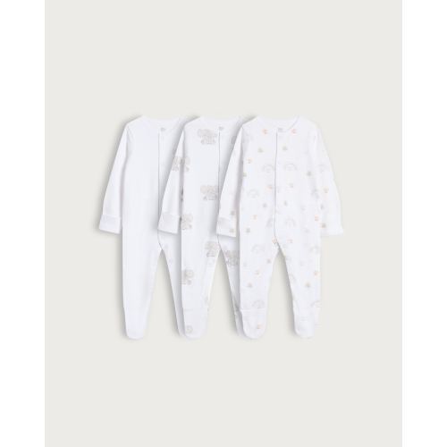 F&F Baby 3-Pack Pure Cotton Rainbow and Animal Print Sleepsuits in White - Tesco Groceries