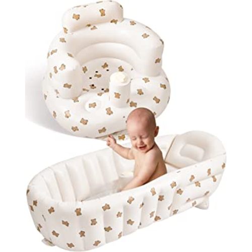2 Pack Baby Inflatable Seat and Inflatable Baby Bathtub for Babies 3-36 Months with Built in Air Pump Infant Back Support Sofa Newborn to Toddler Bath Tub Portable Travel Shower Basin (Cute Bear)