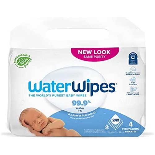 WaterWipes Plastic-Free Original Baby Wipes, 99.9% Water Based Wipes, Unscented & Hypoallergenic for Sensitive Skin, 240 Count (4 packs), Packaging May Vary