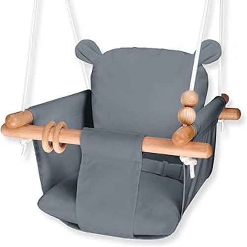Baby Swing Outside Indoor-Wooden Infant Swing Outdoor, Secure Canvas Baby Hanging Swing Seat Porch Swing Chair for Tree and Backyard for Toddler